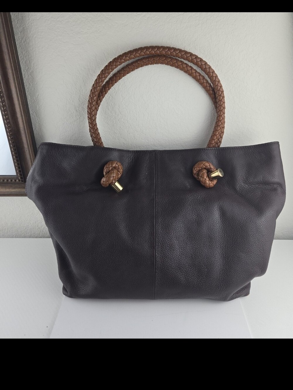Clarks Leather Tote Bag with Braided Handles - Brown